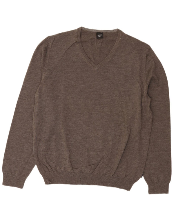 HUGO BOSS Muški uski džemper s V-izrezom 3XL siva vunena