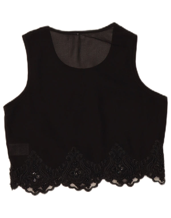 Vintage Womens Crop See Through Blouse Top UK 10 Small Black Paisley