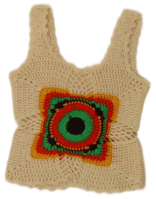 Vintage ženska heklana skraćena majica bez rukava UK 4 XS Off bijela geometrijska
