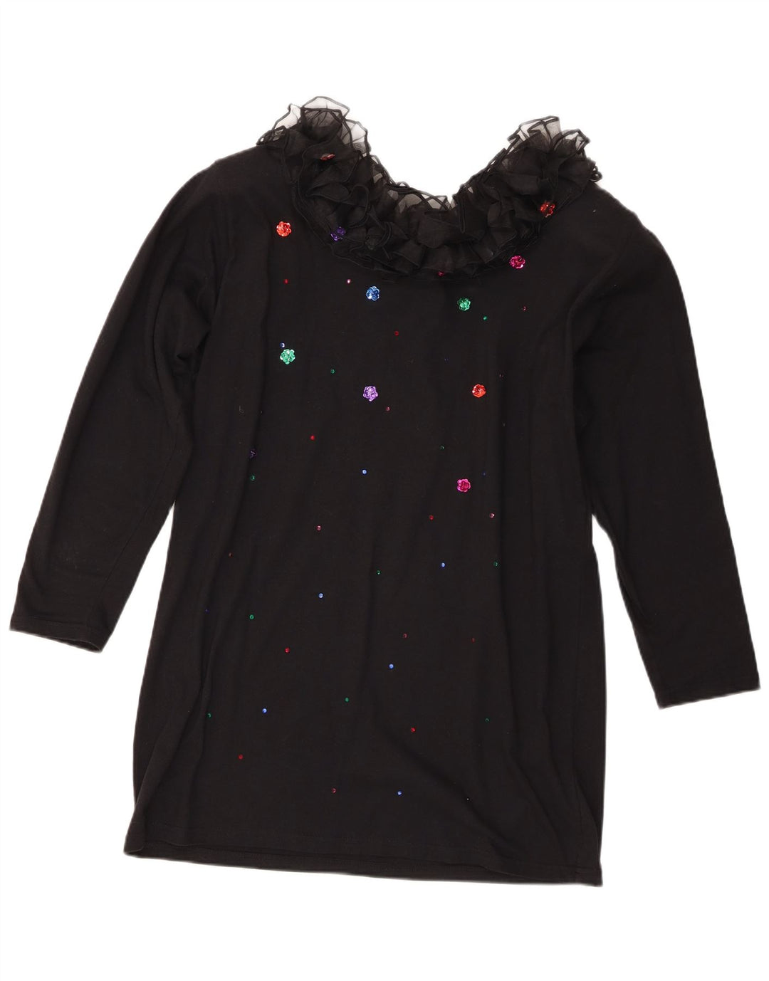 Vintage ženska gornja tunika dugih rukava s volanima UK 16 Veliki crni pamuk