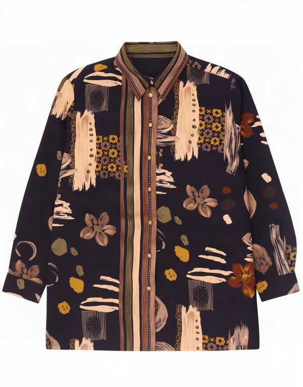 Vintage Womens Abstract Pattern Shirt Blouse UK 20 2XL Navy Blue Polyester