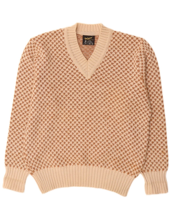 Vintage muški džemper s V-izrezom UK 40 srednje bež geometrijske nove vune