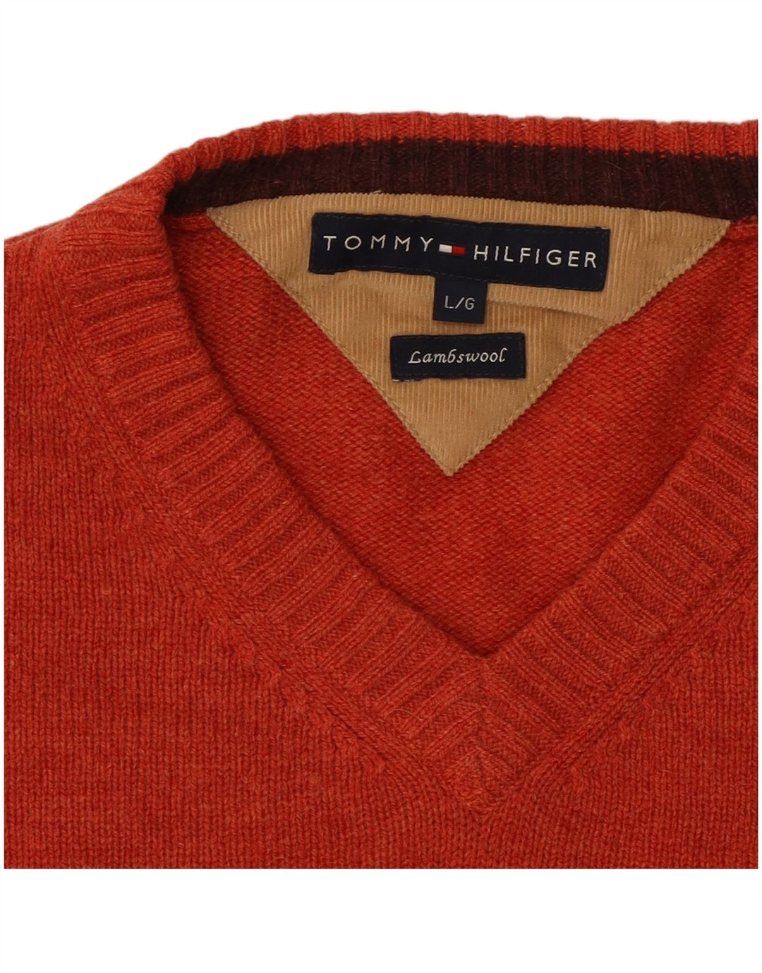 TOMMY HILFIGER Mens V-Neck Jumper Sweater Large Orange Lambswool