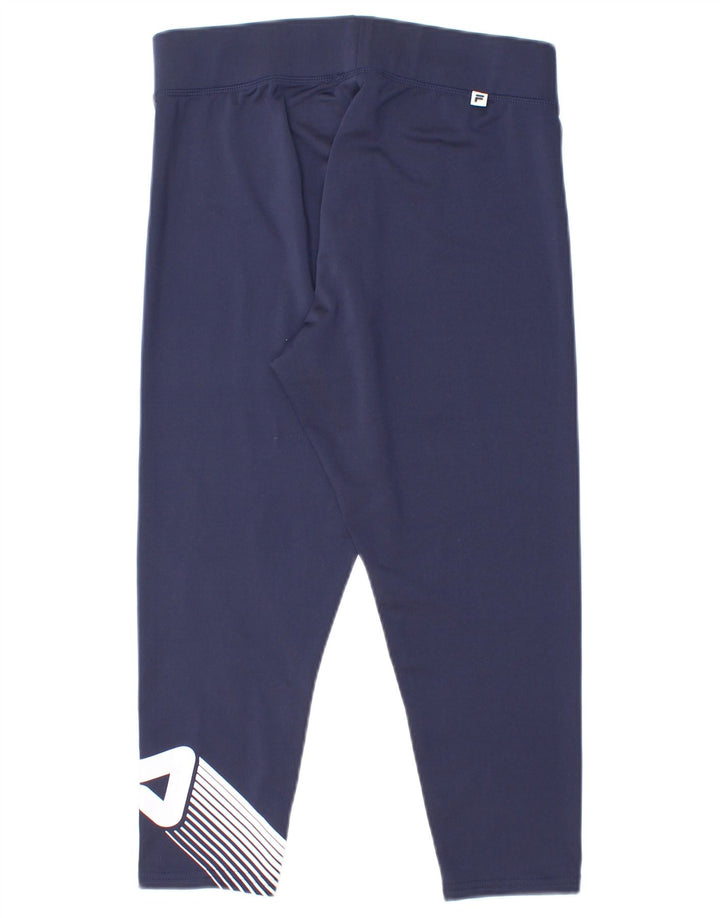 FILA Womens Graphic Capri Leggings UK 12 Medium  Navy Blue Polyester