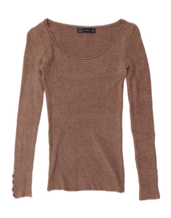 Zara ženska majica dugih rukava UK 4 XS smeđi pamuk
