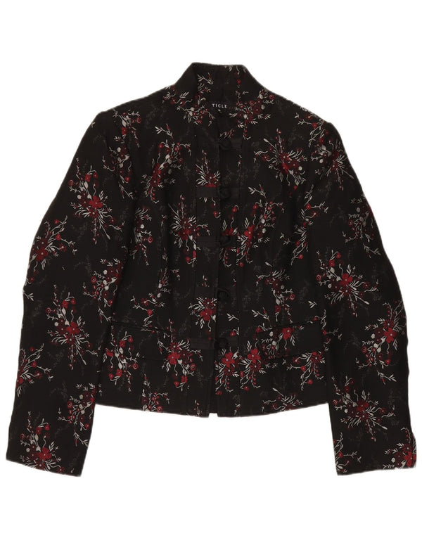 Vintage ženski sako s 5 gumba UK 14 Veliki crni cvjetni acetat