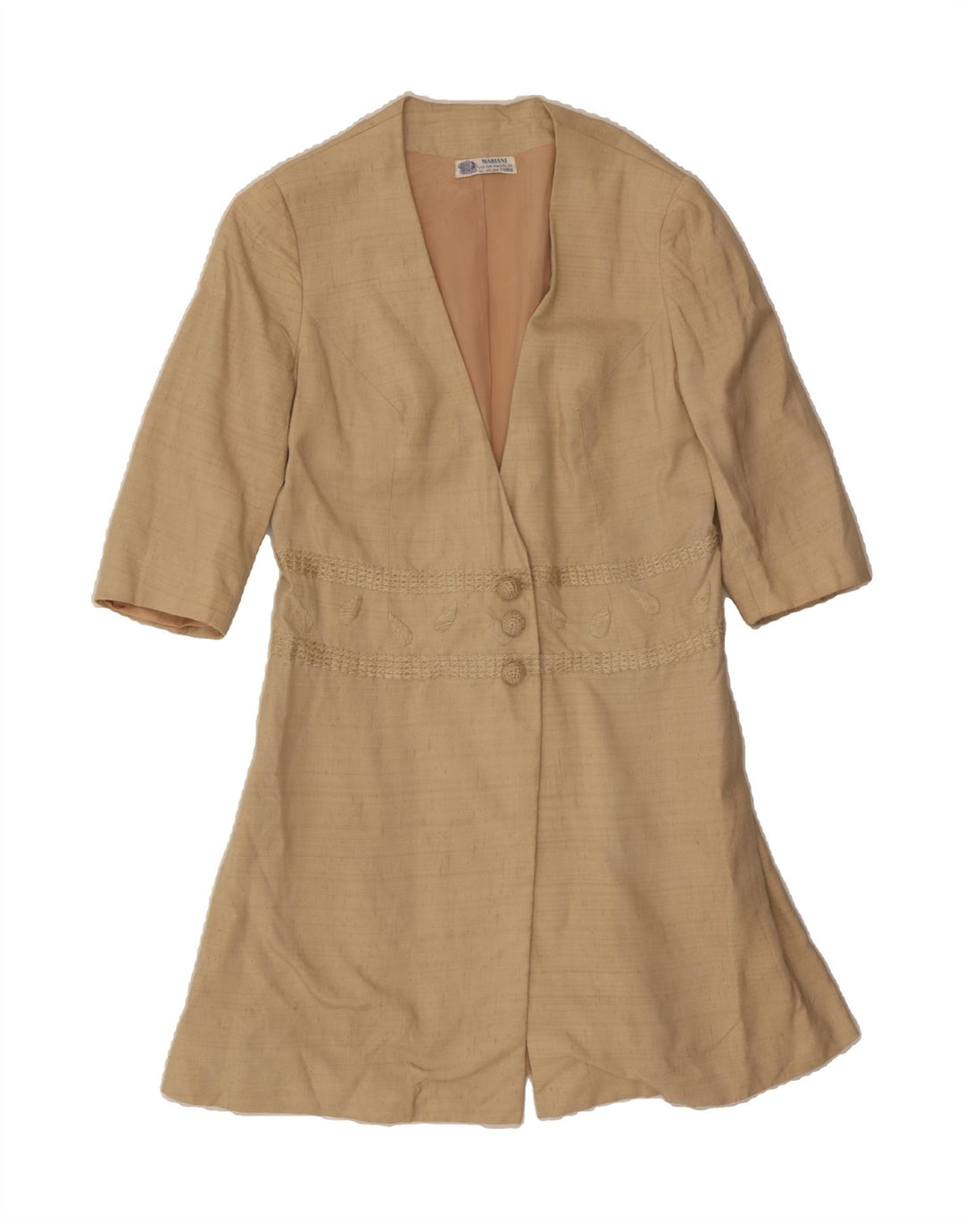 VINTAGE Womens Longline Short Sleeve Blazer Jacket UK 12 Medium Beige Vintage Vintage and Second-Hand Vintage from Messina Hembry 