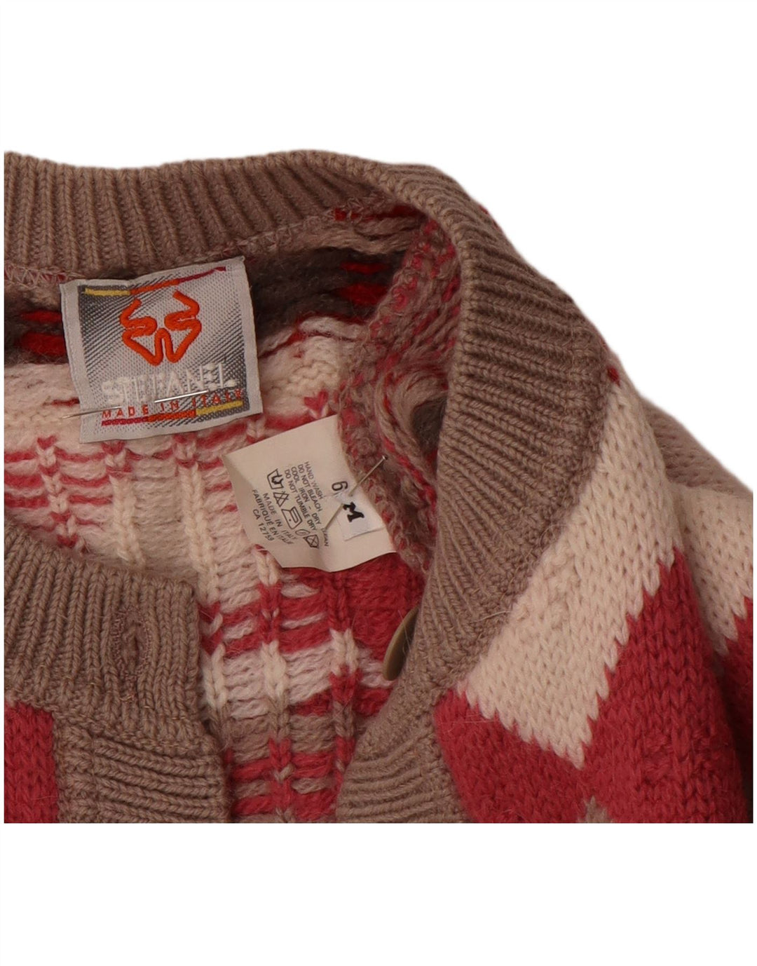 Stefanel ženski kardigan pulover širokog kroja UK 14 srednje crvene geometrijske vune