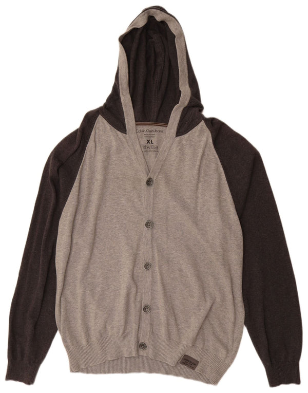 CALVIN KLEIN JEANS Muški pulover s kapuljačom XL sivi pamuk u blokovima boja