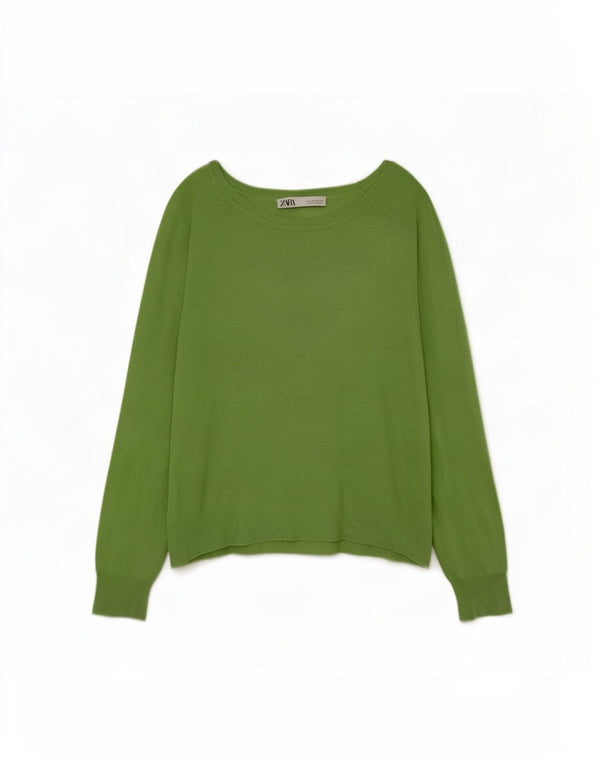 Zara Womens Oversized Boat Neck Jumper Sweater UK 10 Small Green Viscose