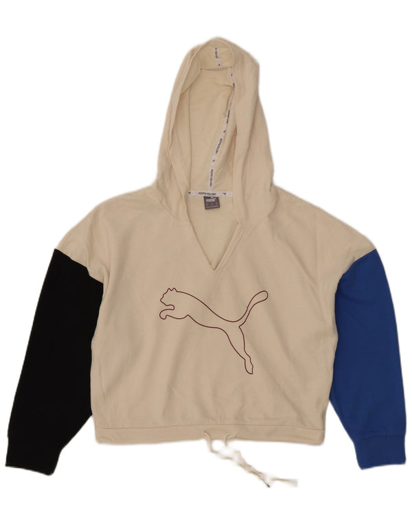 PUMA Womens Oversized Crop Graphic Hoodie Jumper UK 6 XS White Colourblock