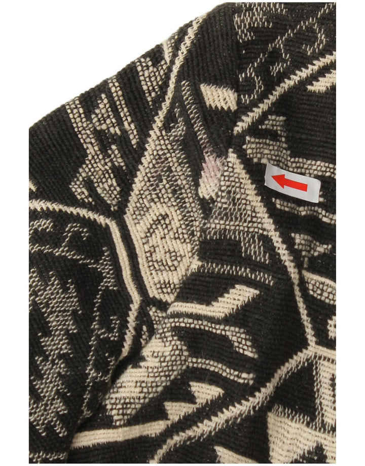 Vintage ženska otvorena bomber jakna UK 14 srednje crni geometrijski pamuk