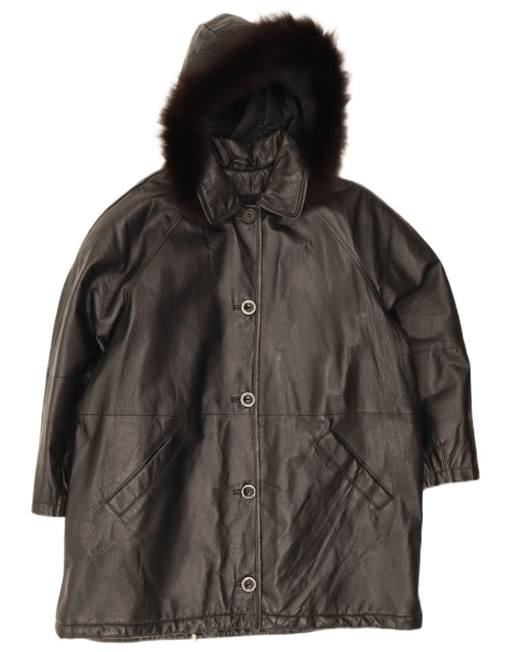 Privilegi ženski preveliki kožni kaput IT 44 s kapuljačom, srednje crna koža