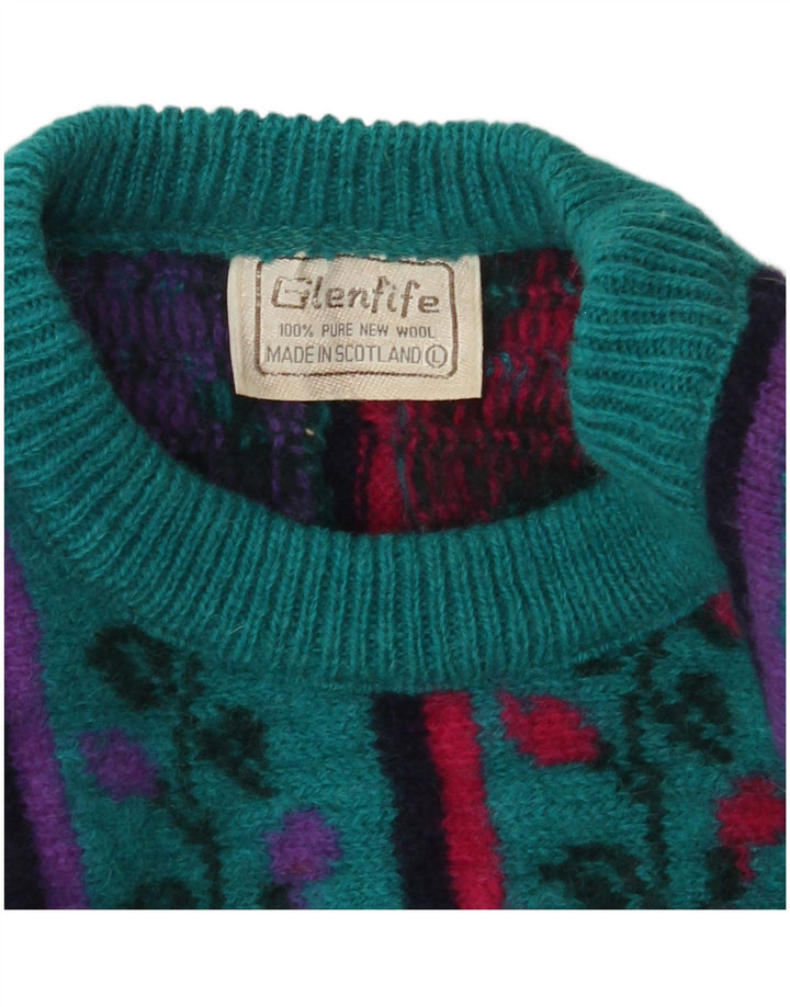 VINTAGE ženski džemper s okruglim izrezom UK 16 Veliki tirkizni cvjetni vuneni