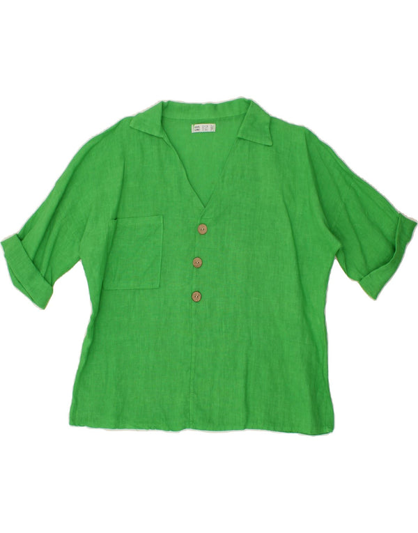 VINTAGE Womens Short Sleeve Shirt Blouse UK 12 Medium Green Linen