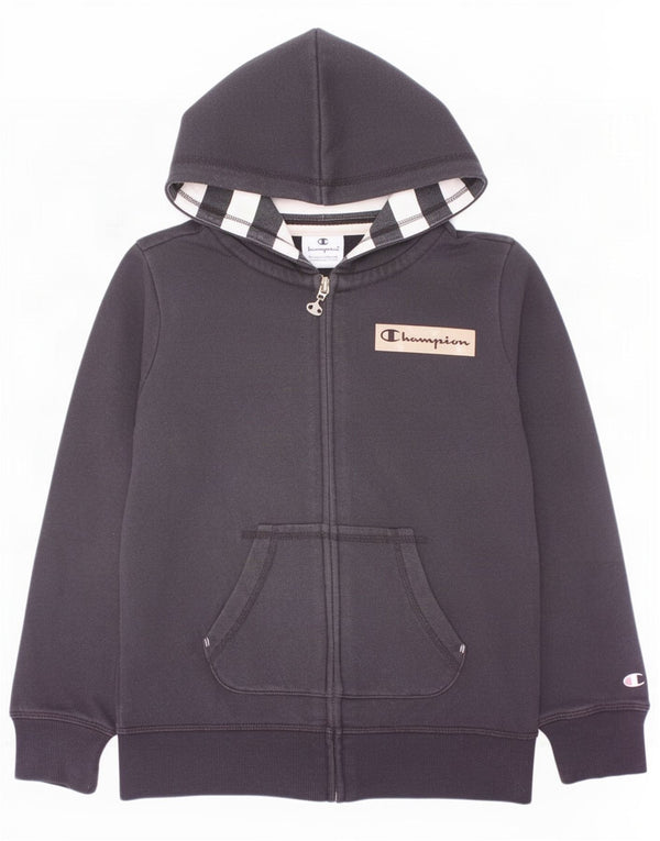 Champion Boys Graphic Zip Hoodie Sweater 9-10 Years Medium Black Cotton