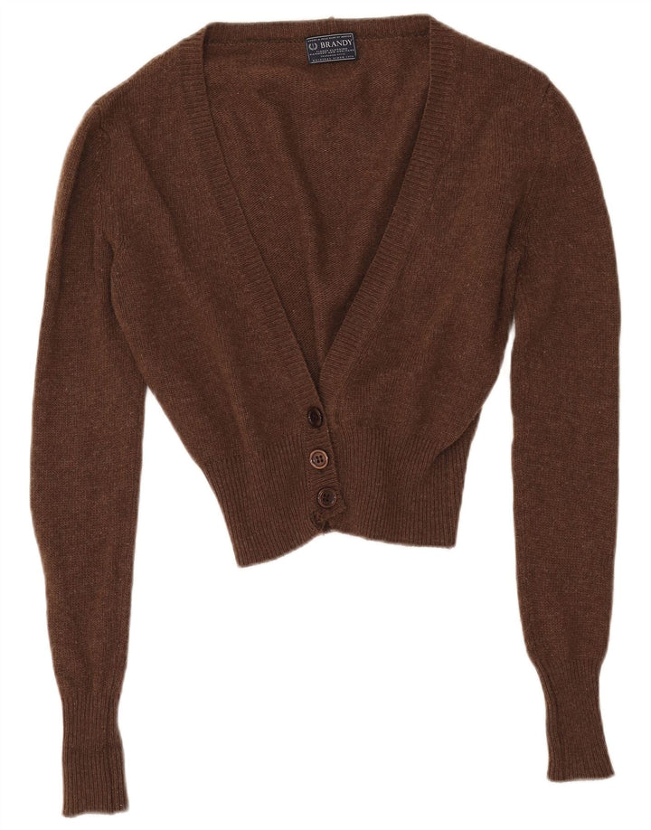 VINTAGE ženski kratki kardigan pulover UK 14 Srednje smeđa janjeća vuna