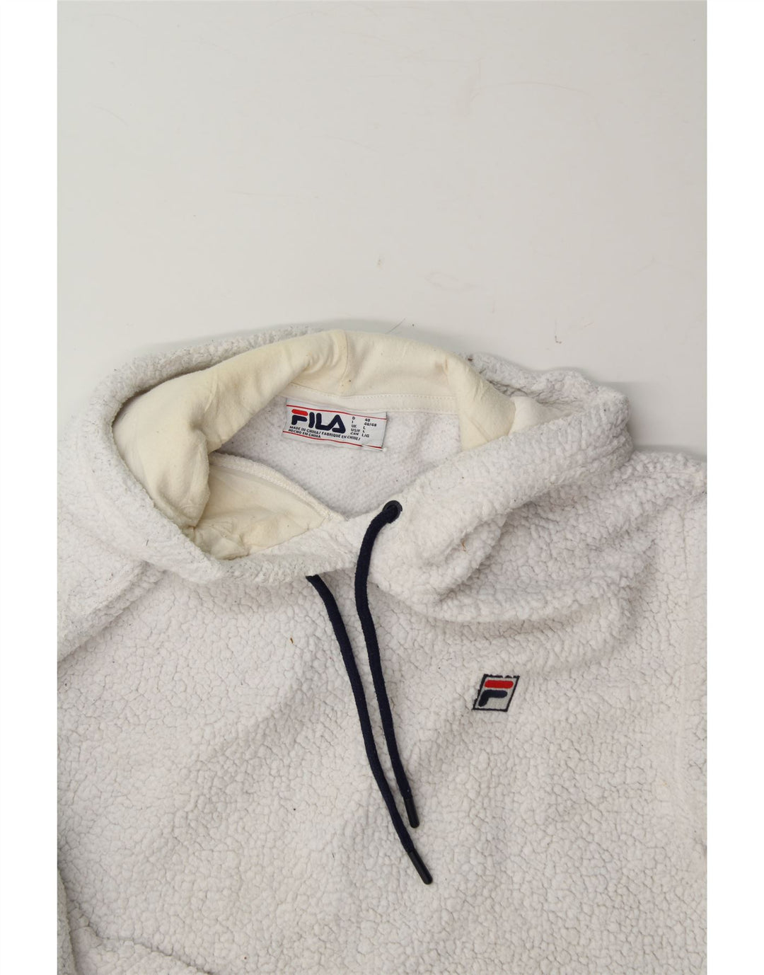 FILA Womens Hooded Fleece Jumper UK 16 Large White Polyester Vintage Fila and Second-Hand Fila from Messina Hembry 