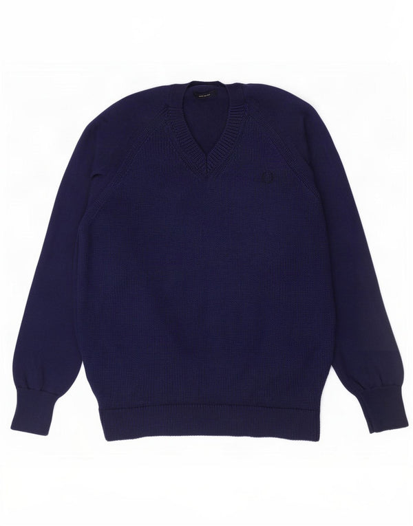 Fred Perry Mens V-Neck Jumper Sweater Large Navy Blue Wool