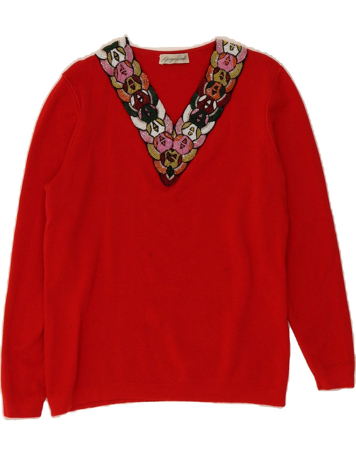 VINTAGE Womens V-Neck Jumper Sweater IT 44 Medium Red Vintage Vintage and Second-Hand Vintage from Messina Hembry 