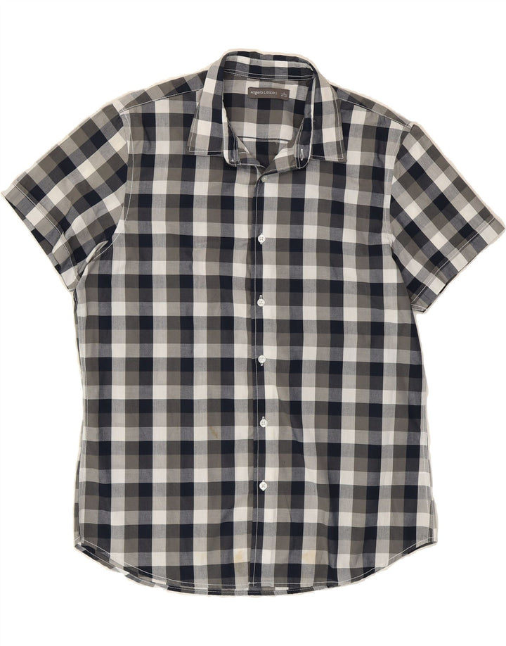 ANGELO LITRICO Mens Short Sleeve Shirt Size 41/42 Large Navy Blue Check Vintage Angelo Litrico and Second-Hand Angelo Litrico from Messina Hembry 