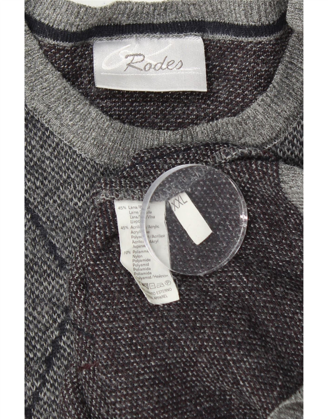 RODES Mens Crew Neck Jumper Sweater 2XL Grey Argyle/Diamond Wool