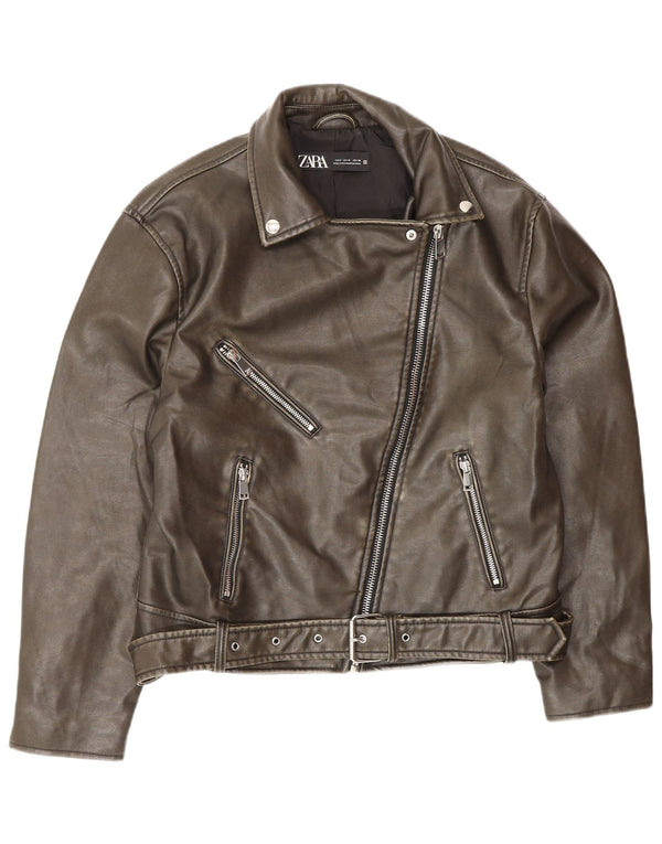 Zara ženska kožna velika biciklistička jakna UK 10 Small Brown Poliester