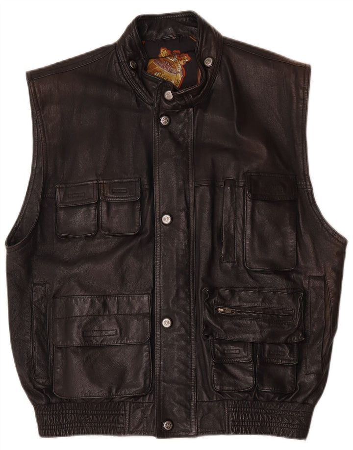 Vintage Mens Leather Gilet IT 50 Large Black Leather