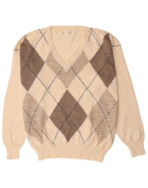 Vintage muški džemper s V-izrezom XL bijeli Argyle/Diamond lan