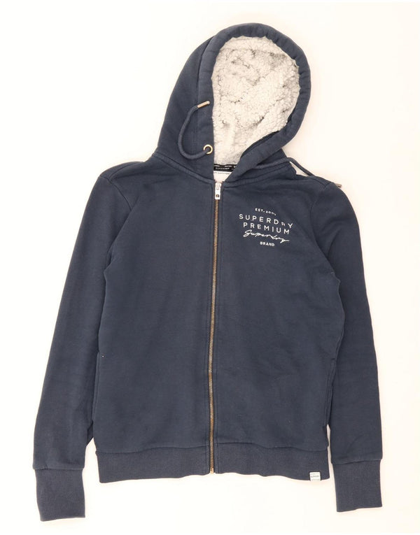 Superdry ženski pulover s kapuljačom s grafičkim patentnim zatvaračem UK 14 Veliki tamnoplavi pamuk