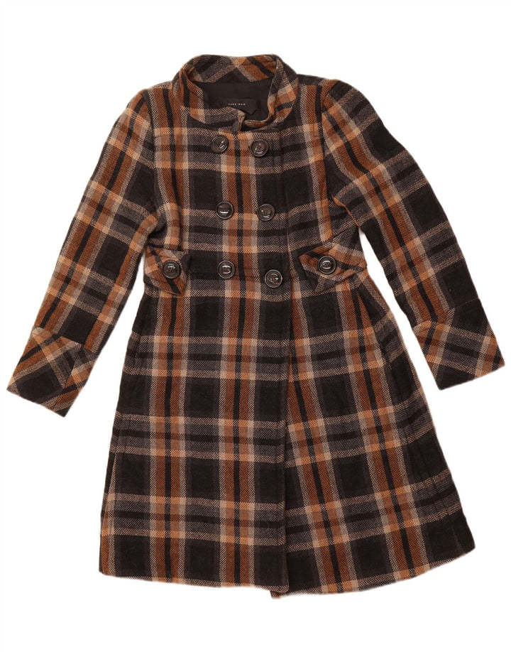 ZARA ženski kaput s dvorednim kopčanjem UK 14 Veliki crni karirani akril