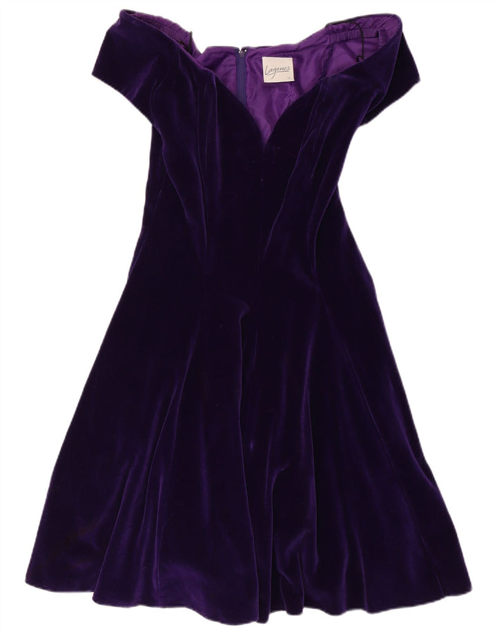 VINTAGE ženska baršunasta haljina s otvorenim ramenima UK 14 Srednje ljubičasti pamuk