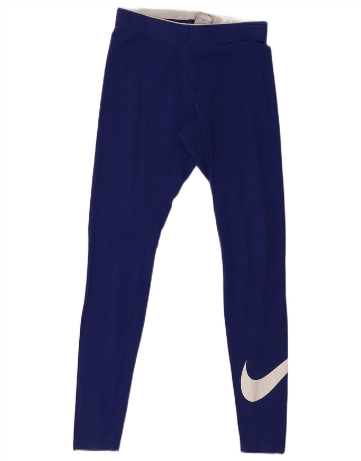 NIKE Womens Graphic Leggings UK 12 Medium  Blue Cotton