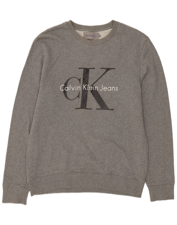 Calvin Klein Jeans Mens Graphic Sweatshirt Jumper Large Grey Flecked Cotton