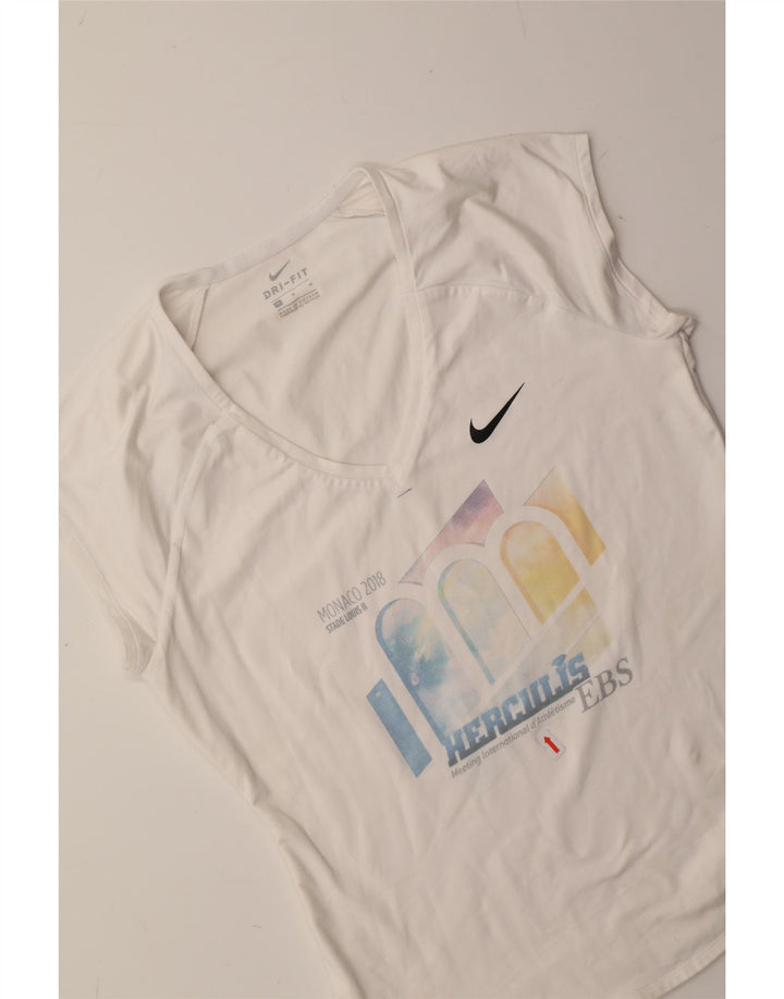 NIKE Womens Dri Fit Graphic T-Shirt Top UK 12 Medium White Vintage Nike and Second-Hand Nike from Messina Hembry 