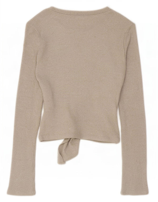 Zara Womens Front Tie Top Long Sleeve UK 10 Small Beige Viscose