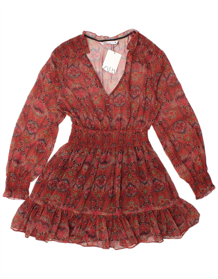 ZARA ženska prozirna majica s tunikom dugih rukava UK 8 Mala crvena cvjetna