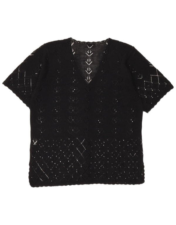 Vintage heklani ženski kardigan kratkih rukava UK 20 2XL crni pamuk