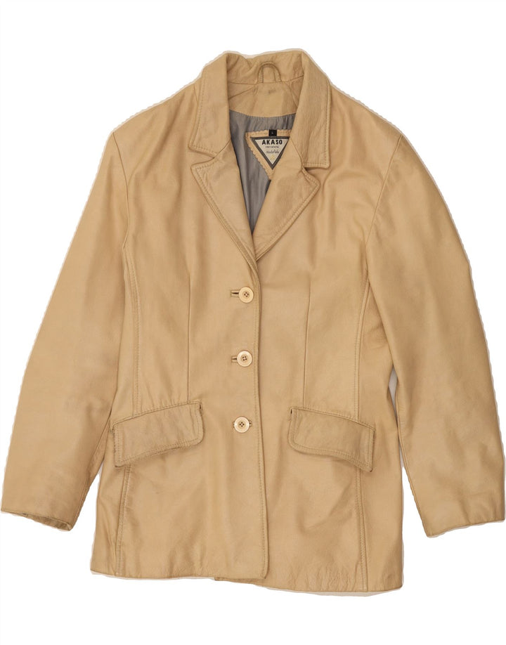 AKASO Womens 3 Button Leather Blazer Jacket UK 14 Large Beige Leather Vintage Akaso and Second-Hand Akaso from Messina Hembry 