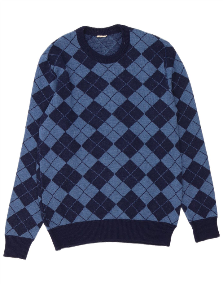 Vintage muški džemper s okruglim izrezom Srednje tamnoplavi Argyle/Diamond