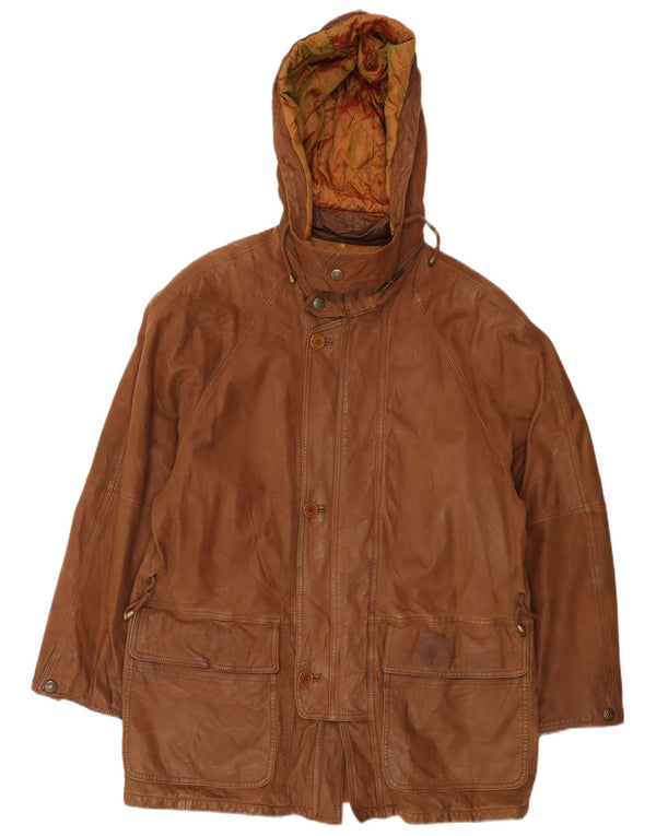 Vintage muški kožni kaput s kapuljačom UK 40 Large Brown