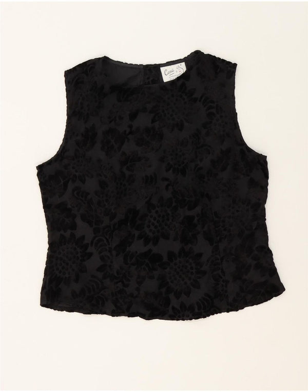 Vintage Womens Sleeveless Crop Blouse Top UK 14 Medium Black Floral