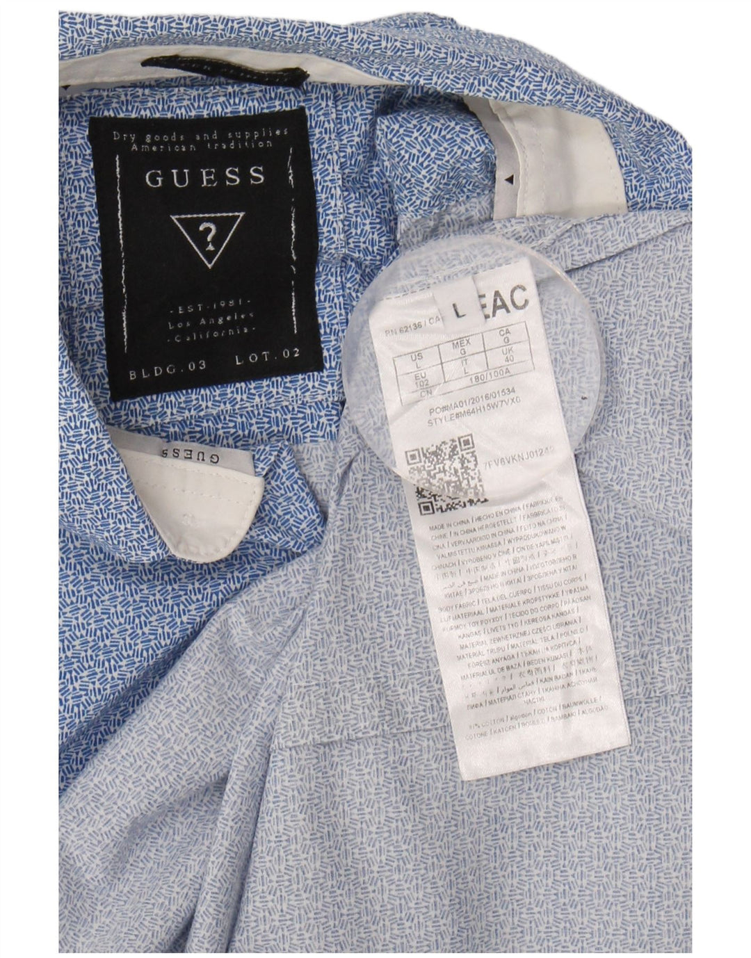 GUESS Mens Shirt UK 40 Medium Blue Geometric Cotton