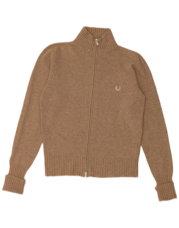 Fred Perry ženski kardigan pulover UK 14 velika bež merino vuna