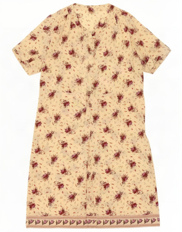 Vintage Womens Short Sleeves Shirt Dress UK 16 Large Beige Floral