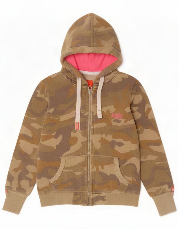 Superdry Womens Zip Hoodie Sweater UK 10 Small Kaki Camouflage Cotton