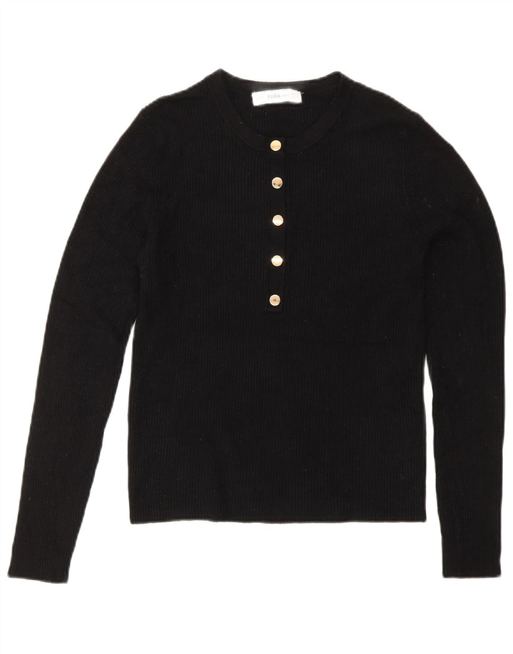 ZARA ženski kratki pulover s dugmadima i ovratnikom UK 12 Srednje crna viskoza