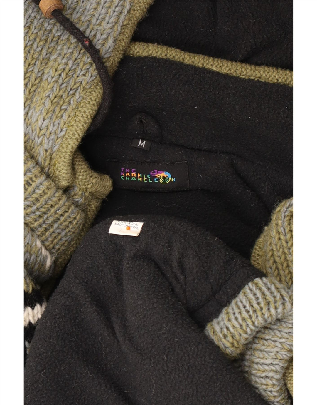 VINTAGE muški kardigan džemper s kapuljačom srednje boje kaki Fair Isle vune