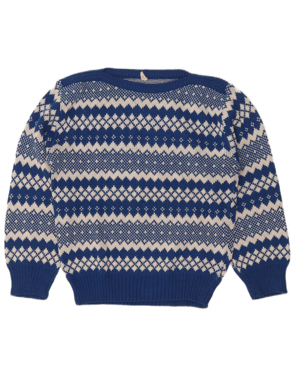 Vintage ženski džemper s brodskim izrezom UK 12 srednje plavi Fair Isle