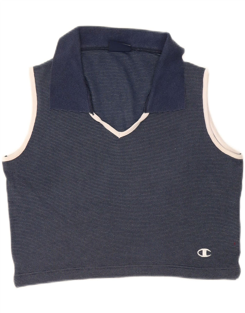 CHAMPION Womens Crop Sleeveless Polo Shirt UK 12 Medium Navy Blue Spotted Vintage Champion and Second-Hand Champion from Messina Hembry 